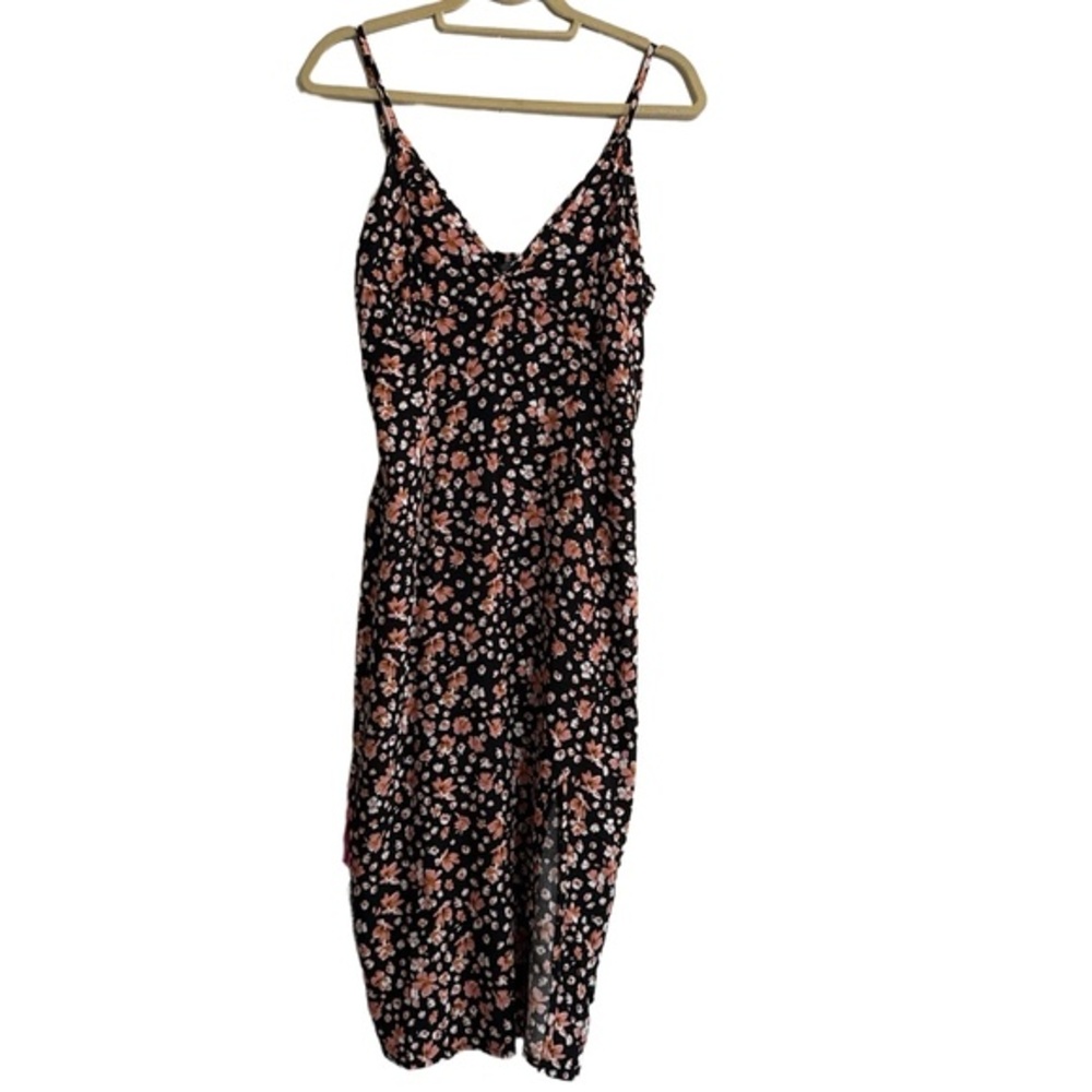 SHEIN Midi‎ Slip Dress Womens Large Black Pink Floral V-Neck Slit Summer Boho